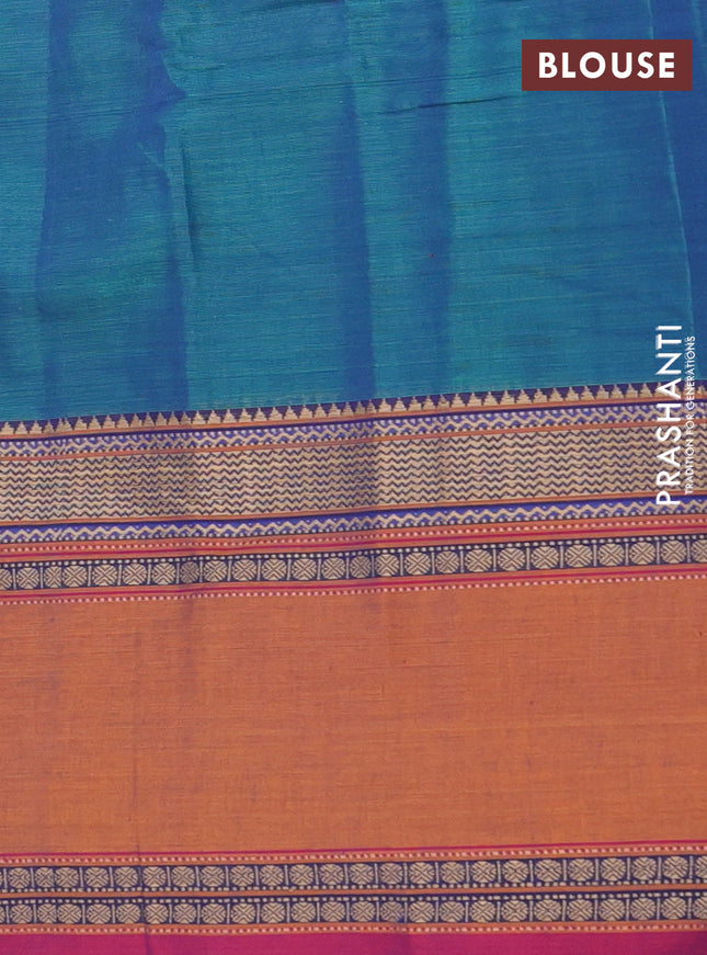 Narayanpet cotton saree dual shade of bluish green and rust shade with plain body and rettapet thread woven border