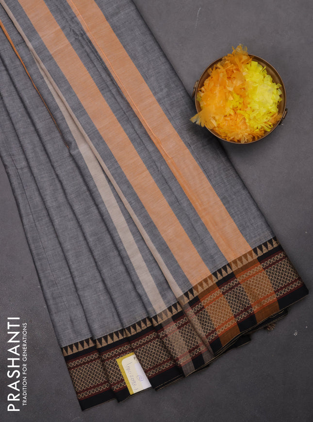Narayanpet cotton saree grey and black with plain body and thread woven border