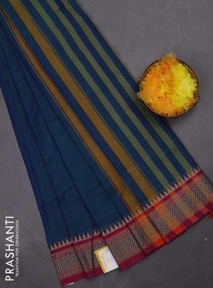 Narayanpet cotton saree dual shade of bluish green and pink with plain body and thread woven border