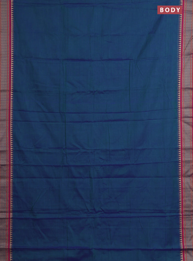 Narayanpet cotton saree dual shade of bluish green and pink with plain body and thread woven border