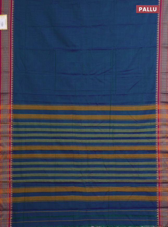 Narayanpet cotton saree dual shade of bluish green and pink with plain body and thread woven border