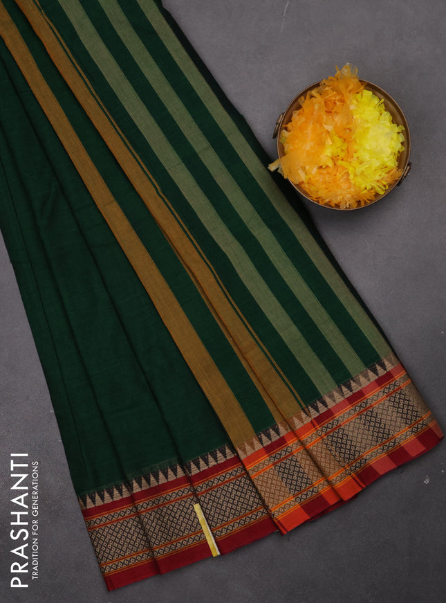 Narayanpet cotton saree green and maroon with plain body and thread woven border
