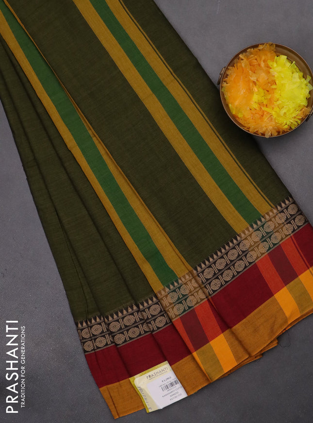 Narayanpet cotton saree sap green and maroon yellow with plain body and thread woven simple border