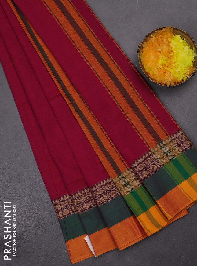 Narayanpet cotton saree pink and green mango yellow with plain body and thread woven simple border