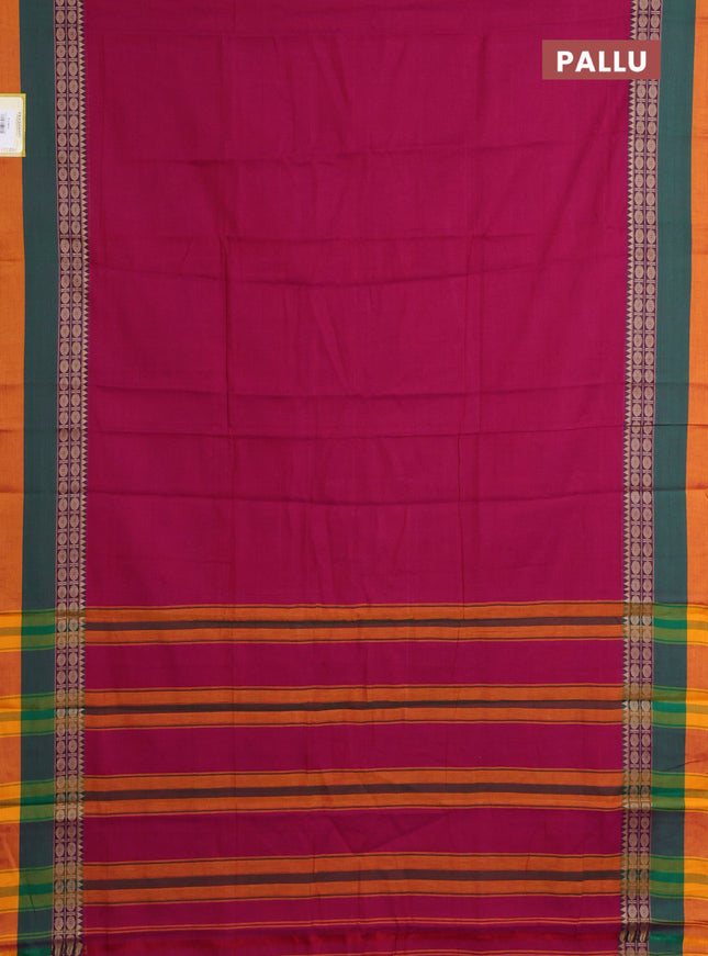 Narayanpet cotton saree pink and green mango yellow with plain body and thread woven simple border