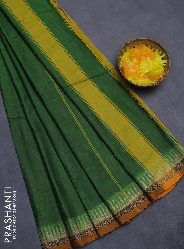 Narayanpet cotton saree green and dark mustard with plain body and temple thread woven border