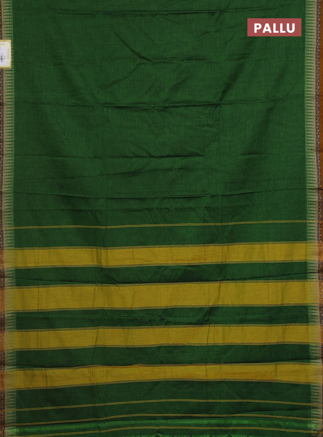 Narayanpet cotton saree green and dark mustard with plain body and temple thread woven border