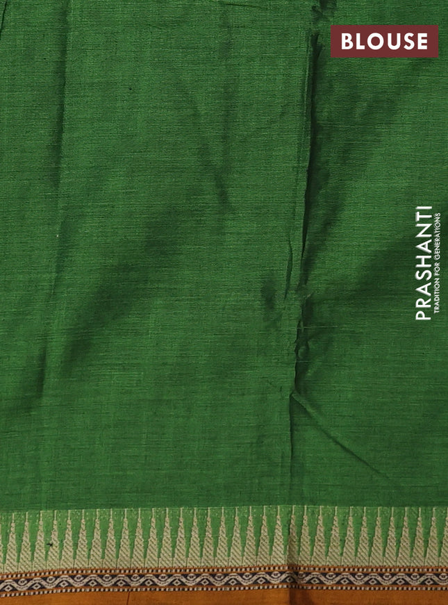 Narayanpet cotton saree green and dark mustard with plain body and temple thread woven border