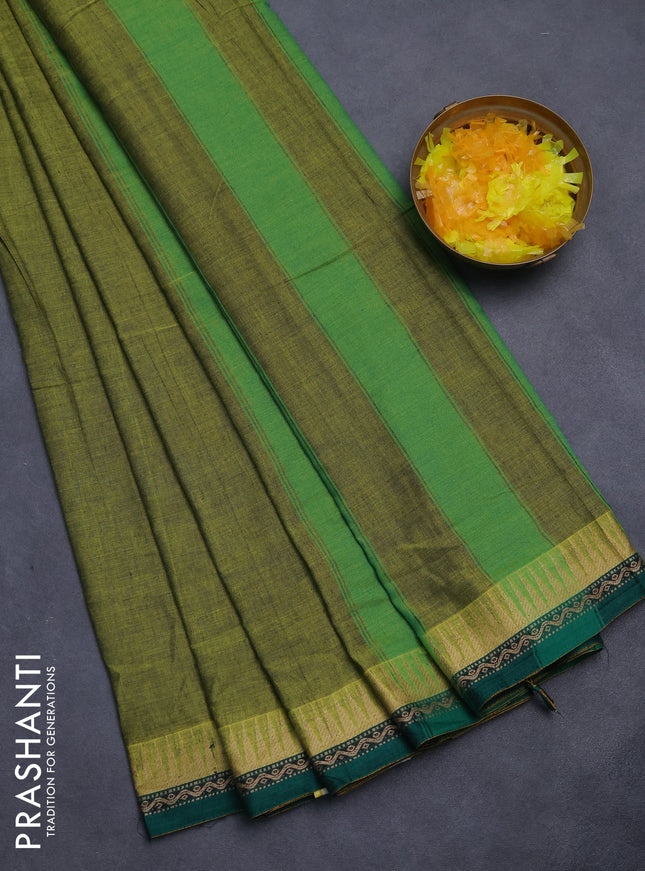 Narayanpet cotton saree light green and green with plain body and temple thread woven border