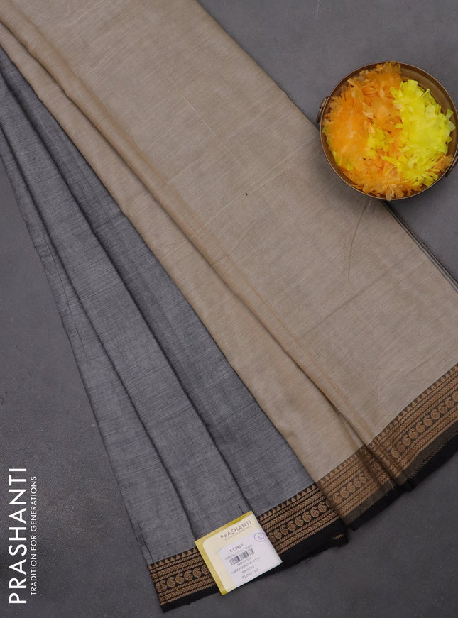 Narayanpet cotton saree grey and black with plain body and thread woven border