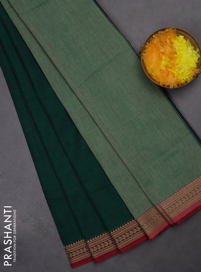 Narayanpet cotton saree green and maroon with plain body and thread woven border