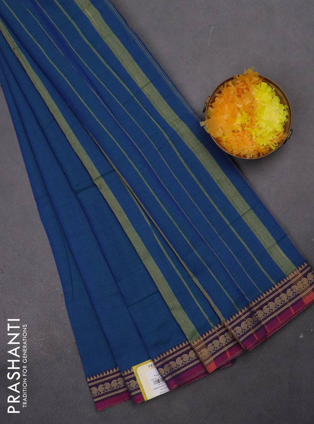 Narayanpet cotton saree dual shade of bluish green and purple with plain body and thread woven border
