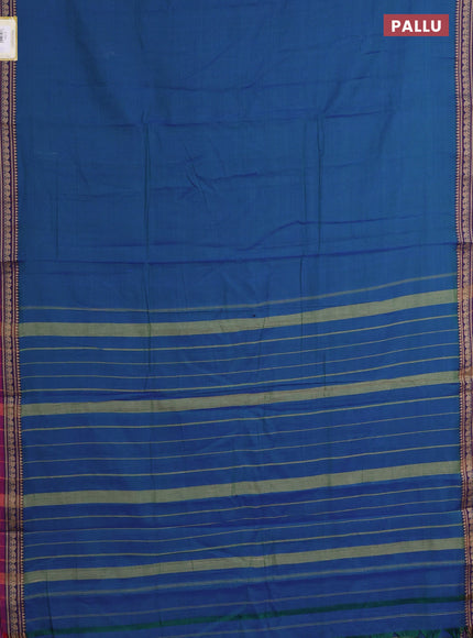 Narayanpet cotton saree dual shade of bluish green and purple with plain body and thread woven border