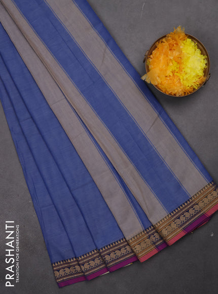 Narayanpet cotton saree blue and magenta pink with plain body and thread woven border