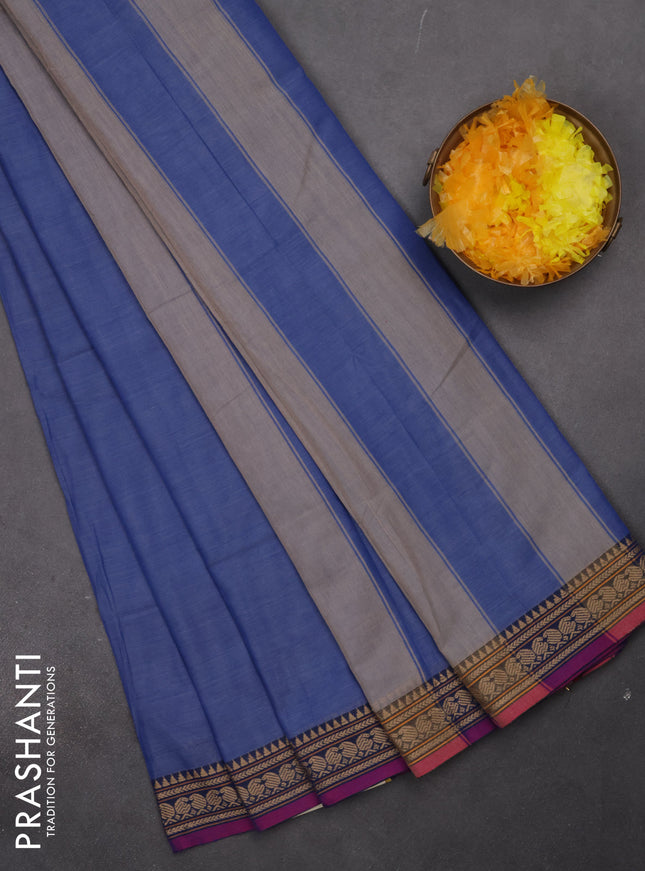 Narayanpet cotton saree blue and magenta pink with plain body and thread woven border