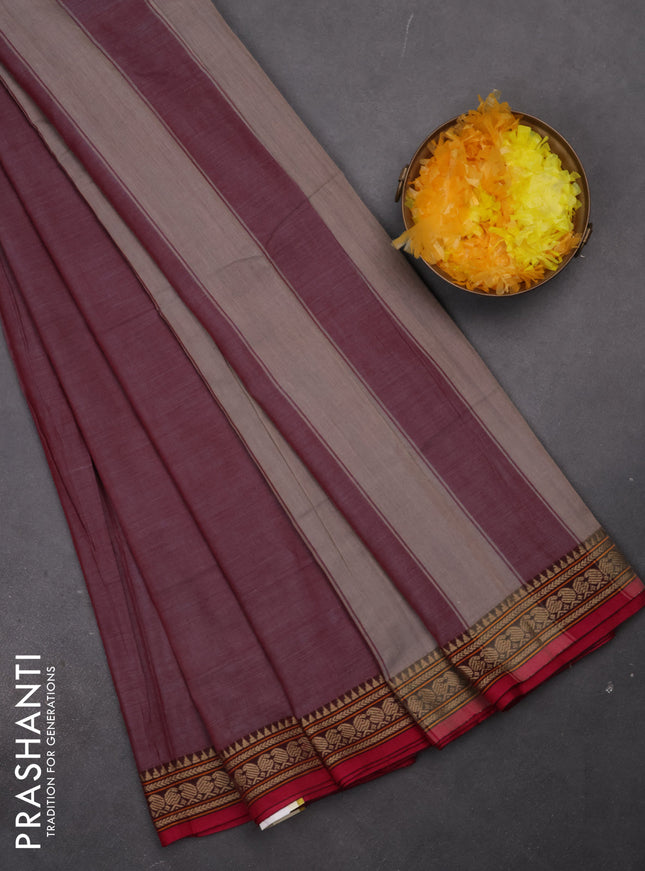 Narayanpet cotton saree dual shade of greyish pink and pink with plain body and thread woven border