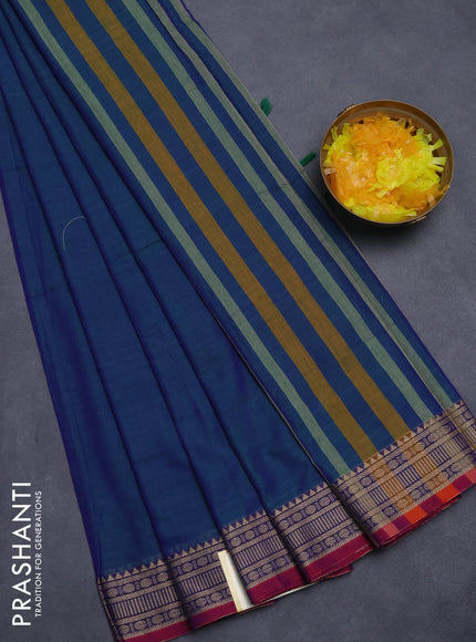 Narayanpet cotton saree dual shade of bluish green and maroon with plain body and thread woven border