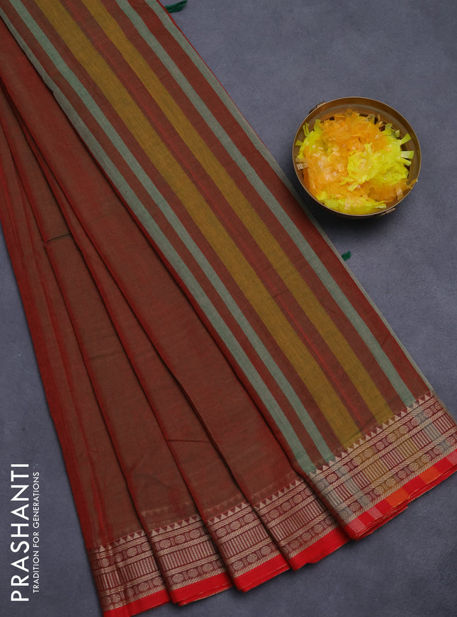 Narayanpet cotton saree manthulir green and red with plain body and thread woven border
