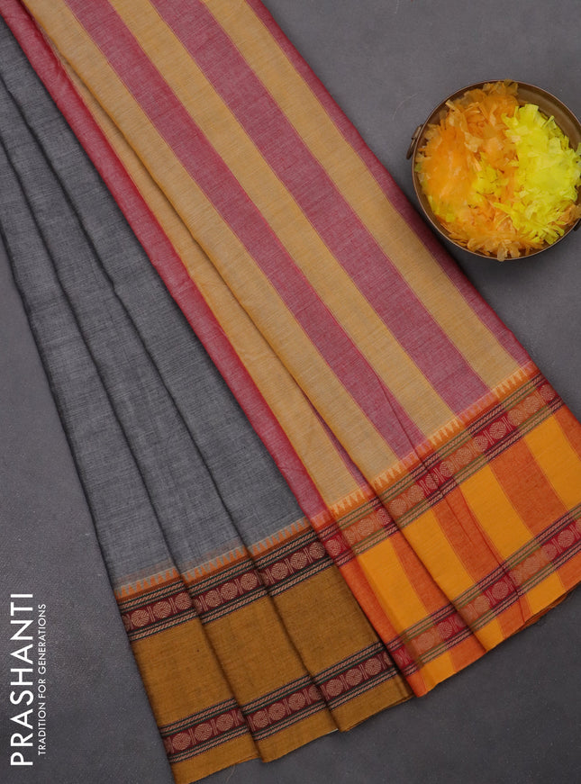 Narayanpet cotton saree grey and dark mustard with plain body and ganga jamuna border