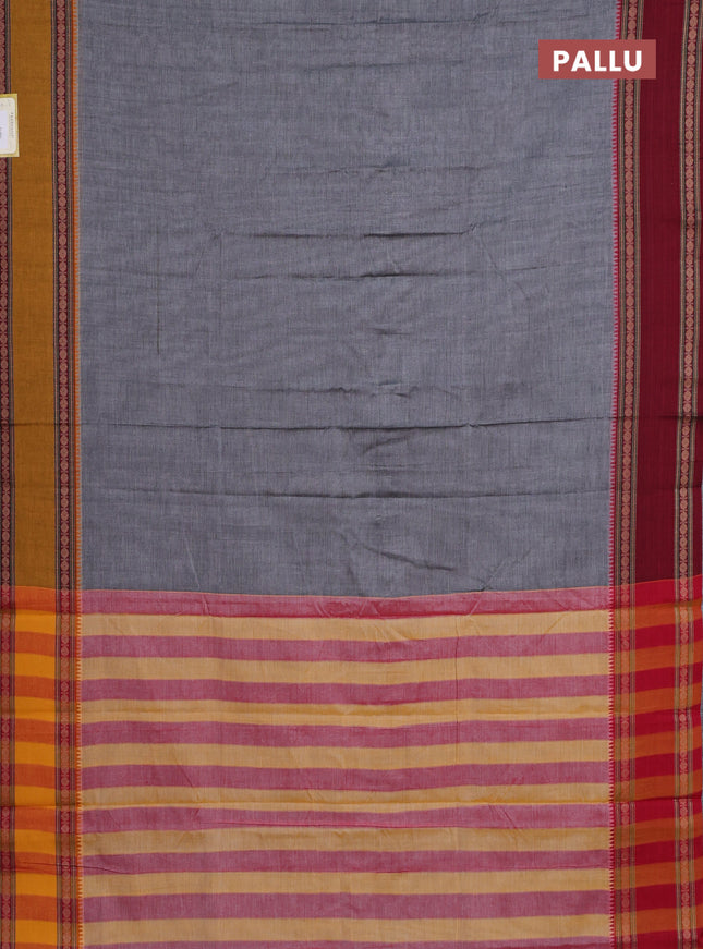 Narayanpet cotton saree grey and dark mustard with plain body and ganga jamuna border