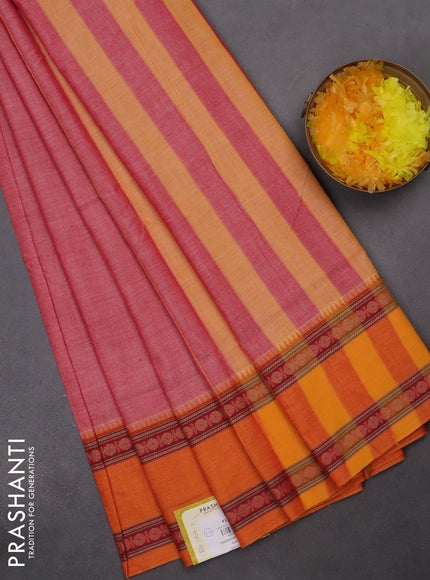 Narayanpet cotton saree red shade and mango yellow with plain body and ganga jamuna border