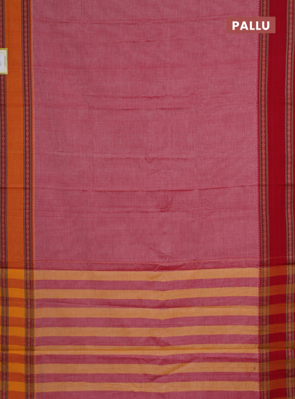 Narayanpet cotton saree red shade and mango yellow with plain body and ganga jamuna border