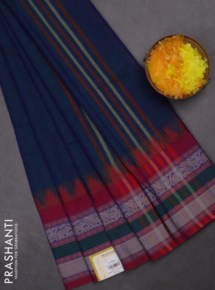 Narayanpet cotton saree dual shade of bluish green and maroon with plain body and temple design long thread woven border