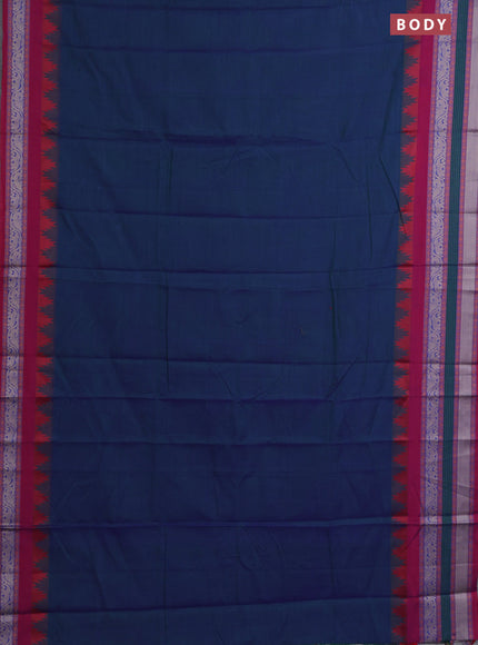 Narayanpet cotton saree dual shade of bluish green and maroon with plain body and temple design long thread woven border