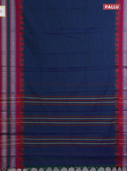 Narayanpet cotton saree dual shade of bluish green and maroon with plain body and temple design long thread woven border