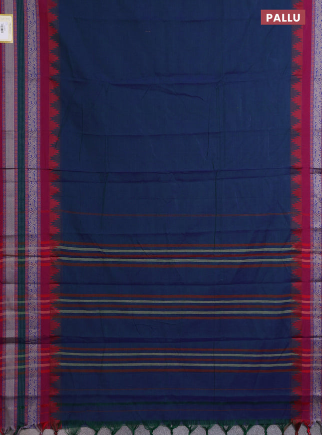 Narayanpet cotton saree dual shade of bluish green and maroon with plain body and temple design long thread woven border