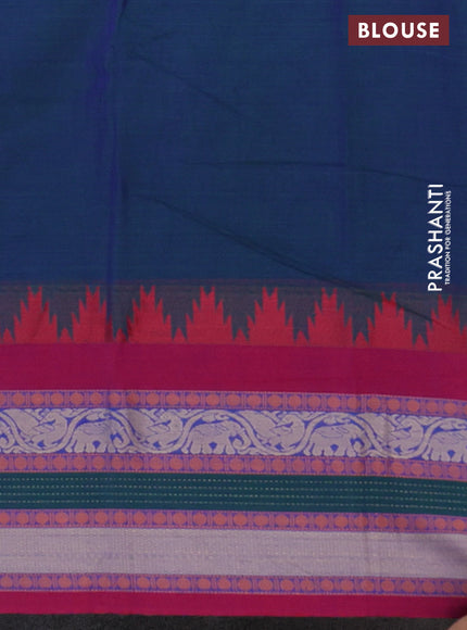 Narayanpet cotton saree dual shade of bluish green and maroon with plain body and temple design long thread woven border