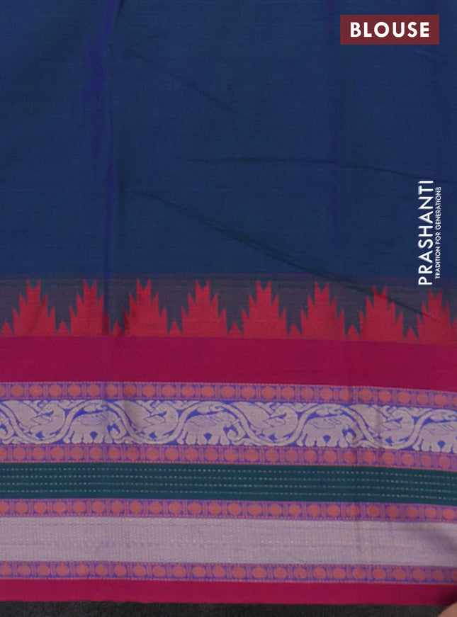Narayanpet cotton saree dual shade of bluish green and maroon with plain body and temple design long thread woven border