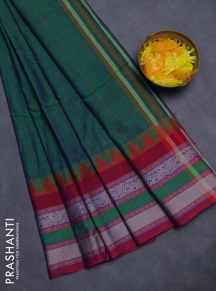 Narayanpet cotton saree dual shade of bluish green and purple with plain body and temple design long thread woven border