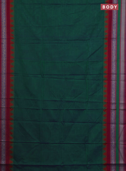 Narayanpet cotton saree dual shade of bluish green and purple with plain body and temple design long thread woven border