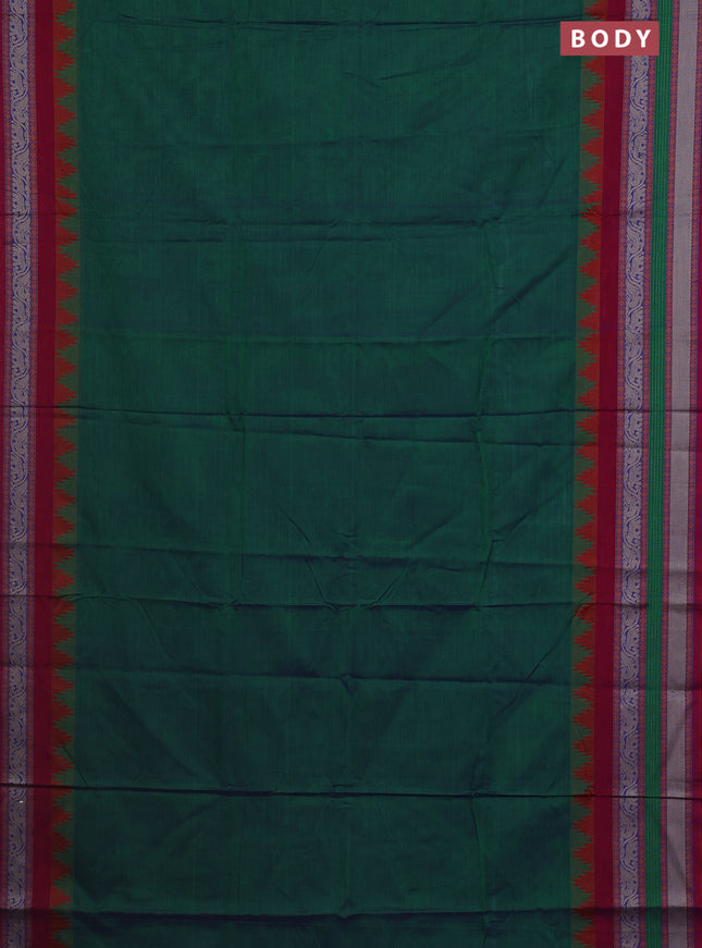 Narayanpet cotton saree dual shade of bluish green and purple with plain body and temple design long thread woven border