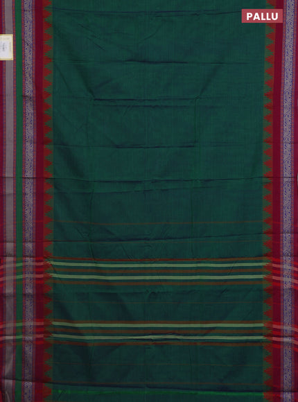 Narayanpet cotton saree dual shade of bluish green and purple with plain body and temple design long thread woven border