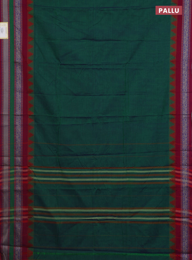 Narayanpet cotton saree dual shade of bluish green and purple with plain body and temple design long thread woven border