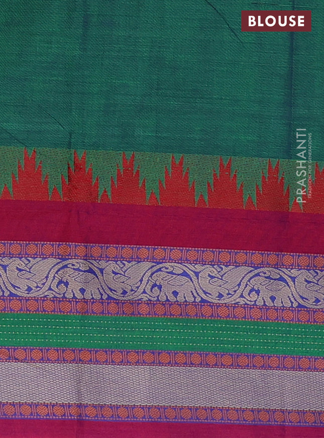 Narayanpet cotton saree dual shade of bluish green and purple with plain body and temple design long thread woven border