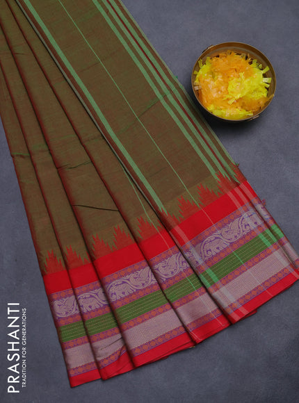 Narayanpet cotton saree manthulir green and red with plain body and temple design long thread woven border