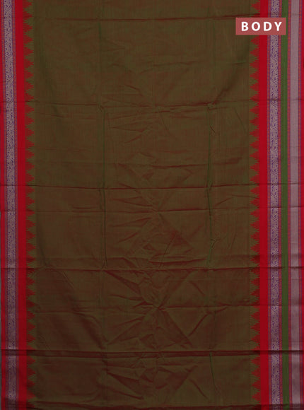 Narayanpet cotton saree manthulir green and red with plain body and temple design long thread woven border