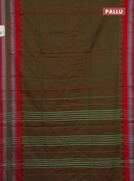 Narayanpet cotton saree manthulir green and red with plain body and temple design long thread woven border