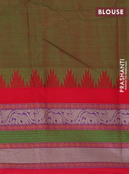 Narayanpet cotton saree manthulir green and red with plain body and temple design long thread woven border