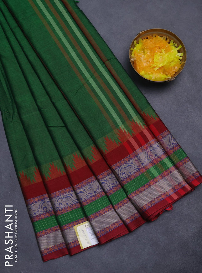 Narayanpet cotton saree green and maroon with plain body and temple design long thread woven border