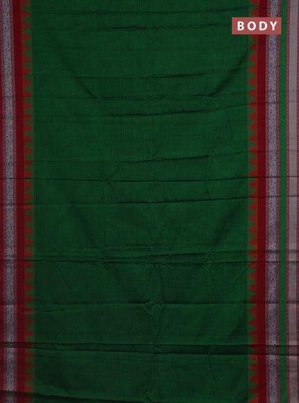 Narayanpet cotton saree green and maroon with plain body and temple design long thread woven border