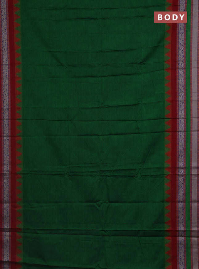 Narayanpet cotton saree green and maroon with plain body and temple design long thread woven border