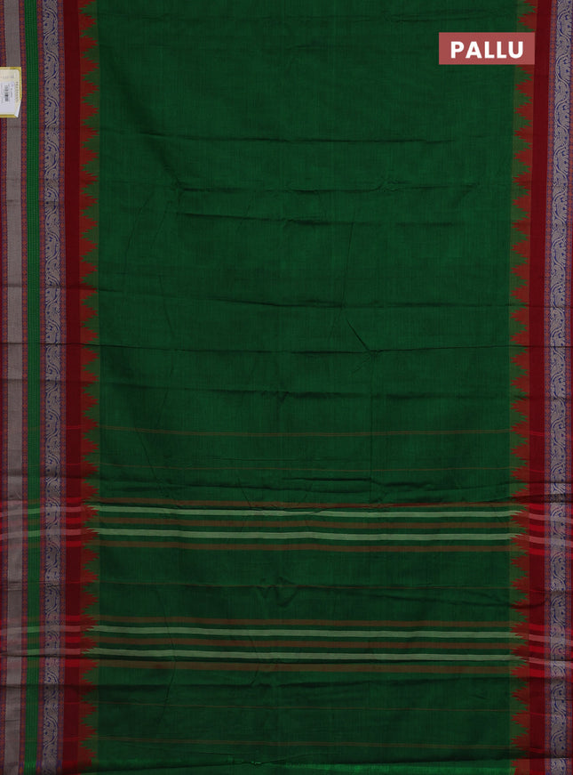 Narayanpet cotton saree green and maroon with plain body and temple design long thread woven border