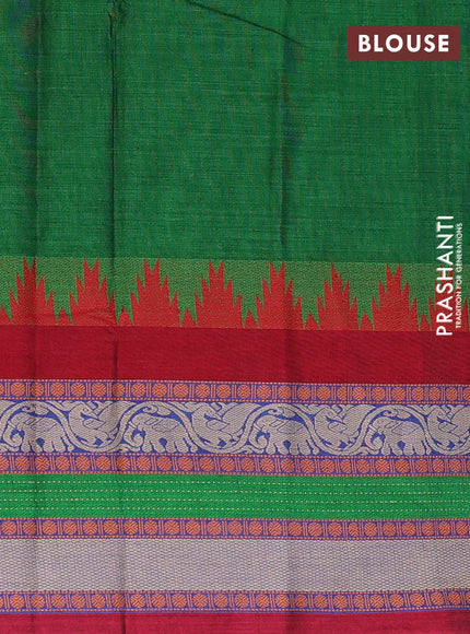 Narayanpet cotton saree green and maroon with plain body and temple design long thread woven border