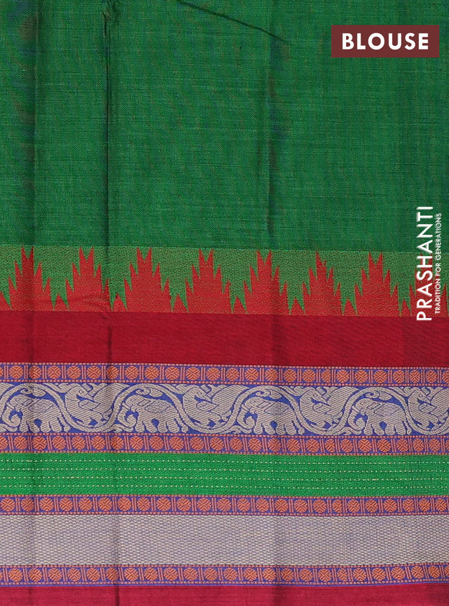 Narayanpet cotton saree green and maroon with plain body and temple design long thread woven border