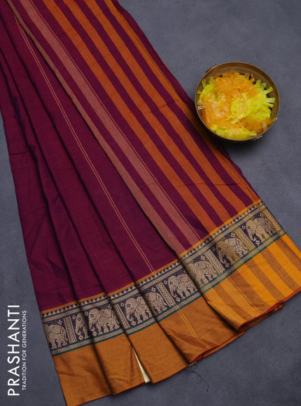 Narayanpet cotton saree purple and dark mustard with plain body and thread woven simple border