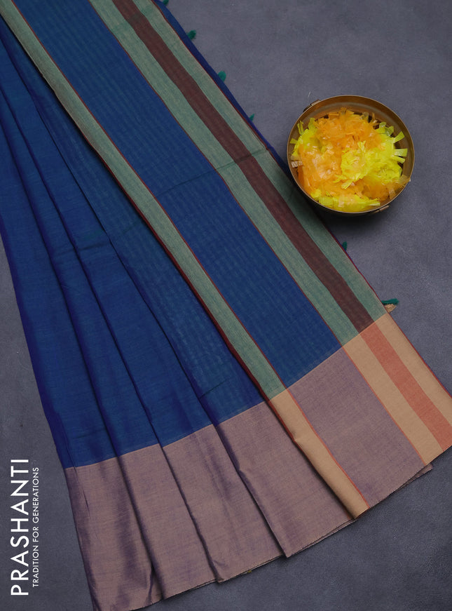 Narayanpet cotton saree dual shade of bluish green with plain body and ganga jamuna border